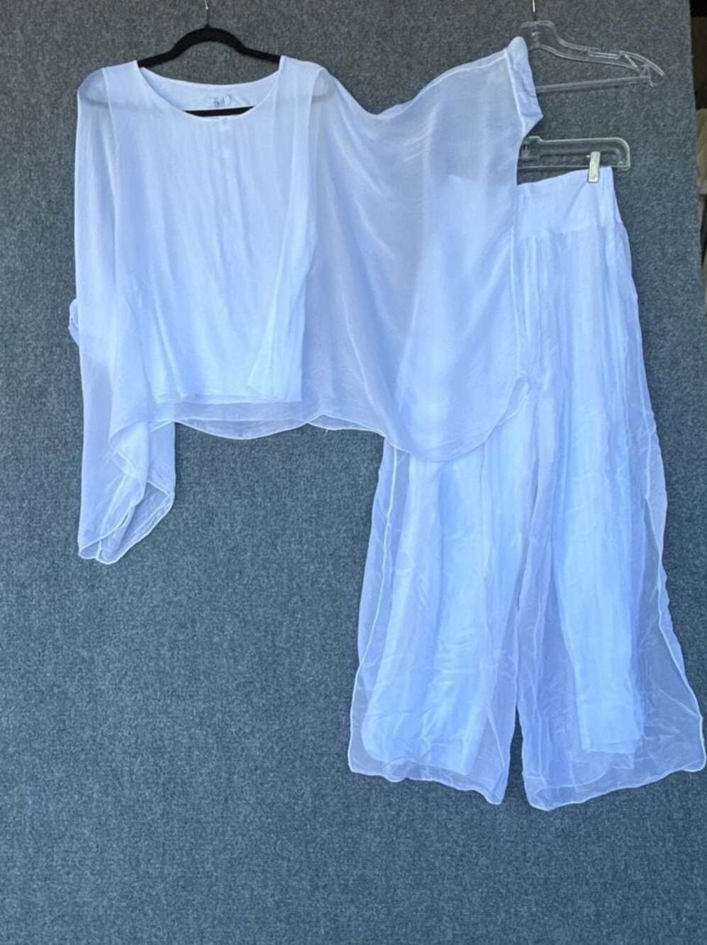 Nati Made in Italy White Silk Wide Leg Sheer Pants with Silk Poncho Shirt